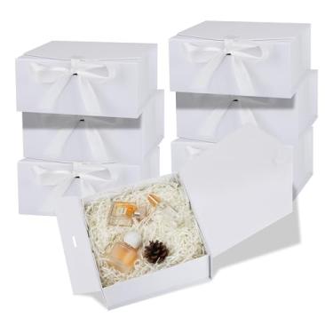 Imagem de OEMVALATY Pacote com 6 caixas de presente, caixa de presente de 25 x 19 x 8 cm com tampa magnética e fita, caixa de presente de dama de honra para casamento, armazenamento, presente (branca)