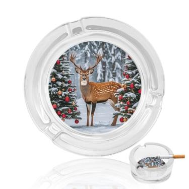 Imagem de Cinzeiro de vidro de cristal de Natal de veado de vaca, cinzeiro redondo para fumar de vidro resistente, portátil, decorativo, moderno, cinzeiro para uso em casa, escritório, interior, exterior, pátio