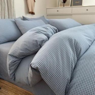 Imagem de PinkMemory Conjunto de capa de edredom azul guingão queen 100% algodão lavado, xadrez, capa de edredom, 3 peças, moderno, quadriculado, conjunto de cama com fecho de zíper, ultramacio, respirável
