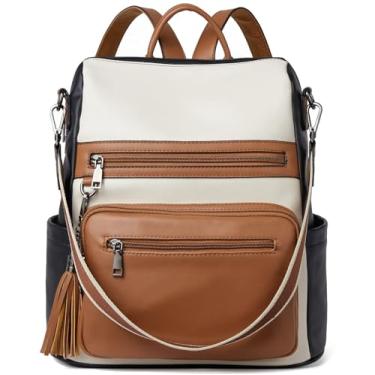 Imagem de Telena Mochila feminina de couro vegano grande bolsa de ombro para viagem universitária com borla, 1-bege preto marrom, 13 x 13.38 x 6 inches