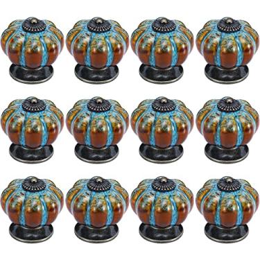 Imagem de IEIK Puxadores de armário pacote com 12 puxadores de cerâmica vitrificada com forma de abóbora para decoração puxador de porta para gavetas de armário vintage, armários, armário (azul)
