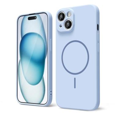 Imagem de oakxco Capa de silicone para iPhone 15 Plus/14 Plus, capa magnética fina e fina compatível com Magsafe, capa de borracha macia estética feminina bonita com capa de câmera, azul claro