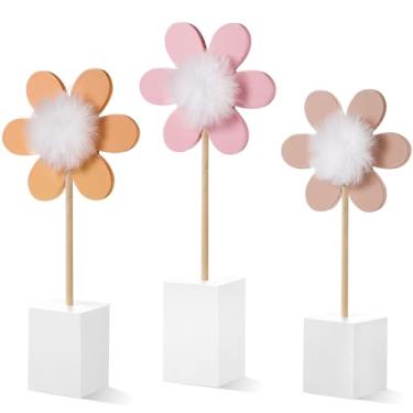Imagem de Chunful 3 Pcs Daisy Nursery Shelf Decor Boho Daisy Table Centerpieces Wooden Flower Nursery Decor Bohemian Style Standing Tabletop Decoration for Home Bedroom Bookshelf Party Gift(Pink)