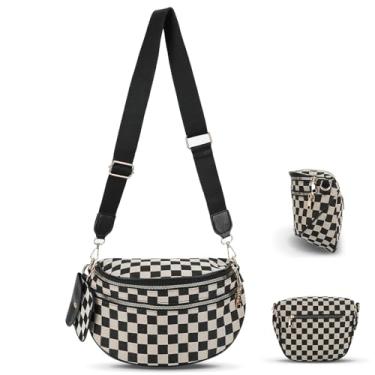Imagem de Pochete para mulheres, bolsa transversal quadriculada, bolsa quadriculada, bolsa preta e branca, bolsa de cinto quadriculada, Preto, 220.00x50.00x140.00mm (8.66x1.97x5.51inch), Retrô