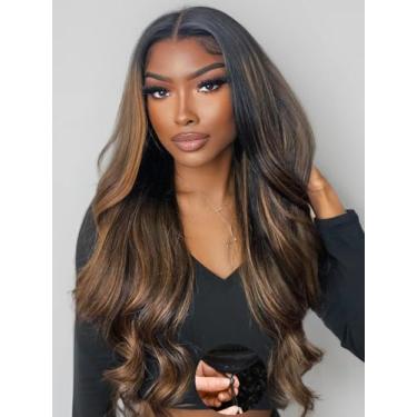 Imagem de Julia Hair Bye Bye Knots Peruca sem cola Destaque Balayage Marrom Ondulado Corpo 7x5 Pré-cortado HD Lace Front Perucas Cabelo Humano Pré Arrancado Nós Branqueados Pré Tudo Pronto Para Ir Peruca Ombre