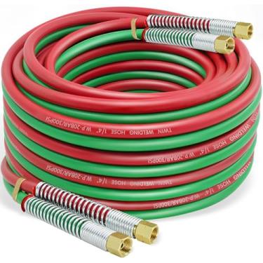 Imagem de RX WELD Mangueira de solda de acetileno oxi 1/10.2 cm com conexões 9/40.6 cm-18 B - Mangueira de tocha de linha dupla grau R para corte e soldagem de acetileno (300PSI/900PSI)