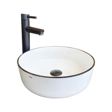 Imagem de Cuba para Banheiro Cerâmica Branca e Preta Redonda 36cm Reno RC 36