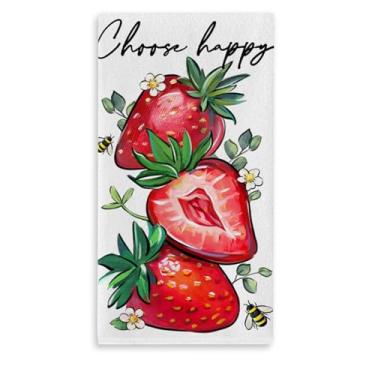 Imagem de Croar Toalha de prato de cozinha de morango, escolha toalha de mão de secagem de abelha de fruta feliz pano de cozimento, decoração de casa primavera verão 45 cm x 66 cm