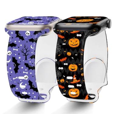 Imagem de G-ficu Pacote com 2 pulseiras de Halloween compatíveis com Apple Watch SE séries 9, 8, 7, 6, 5, 4, 3, 2 e 1 de 41 mm, 40 mm, 38 mm, para mulheres e homens, pulseiras esportivas de silicone macio para férias abóbora fantasma - A
