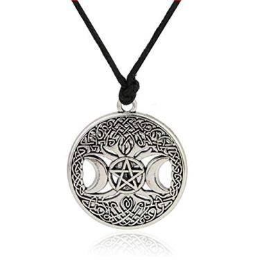 Imagem de QIAN0813 Colar com pingente de pentagrama de lua tripla com nó celta, pentagrama, estrela Wicca, joia pagã redonda, Metal