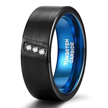 Imagem de TRUMIUM Aliança de casamento masculina 8 mm de zircônia cúbica anéis de tungstênio três pedras diagonais prata/preto azul tamanho 7-13