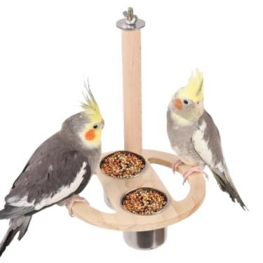 Imagem de Poleiro de pássaro, suporte de madeira com plataforma de papagaio com tigela de alimentação, brinquedos de pássaros, acessórios de gaiola de papagaio para periquito, periquito, calopsita, conure