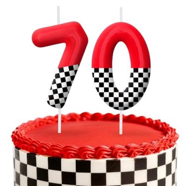 Imagem de Velas de aniversário de carro de corrida, decoração de topo de bolo de 6 cm, bandeira quadriculada número 70 velas, decorações de aniversário, decorações de bolo de festa de aniversário, suprimentos
