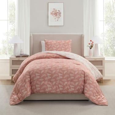 Imagem de Nestl Jogo de cama de solteiro/solteiro GG – Cama blush em uma bolsa, jogo de cama reversível, 2 peças, conjunto de cama floral macio para dormitório universitário, edredom botânico para todas as