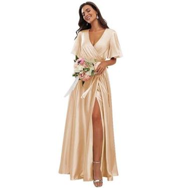 Imagem de Vestido de dama de honra OFEECHUN, champanhe, cetim, decote em V, tama