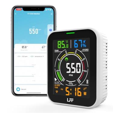 Imagem de LFF Detector de CO2, monitor de qualidade do ar Wi-Fi, detector de gás, detector de dióxido de carbono, monitor de CO2 com alarme de CO2, temperatura, umidade e tempo, monitor de qualidade do ar
