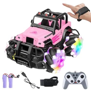 Imagem de Carro de Controle Remoto Off-road Rosa 4x4, Controle 2.4GHz e Gestos, 2 Motores com bateria recarregável, Luzes LED, Presente para crianças a partir de 3 anos