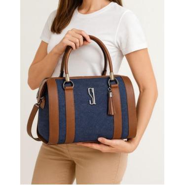 Imagem de Bolsa Feminina Baú Jeans material ecológico Bicolor Casual Tiracolo Tr