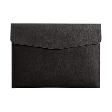 Imagem de Pasta envelope de couro PU A4 bolsa de documentos portátil organizador de arquivos de viagem bolsos de armazenamento de documentos bolsas de arquivo mangas com botão de pressão para escritório preto