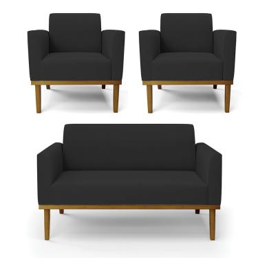 Imagem de Sofá Namoradeira com 2 Poltronas Base de Madeira Fixa Castanho Marisa Veludo Preto  D03 - D'Rossi