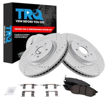 Imagem de TRQ Kit de pastilha de freio frontal e rotor de cerâmica premium com revestimento G compatível com 2011-2013 INFINITI M37 2015-2019 Q70L Nissan 370Z