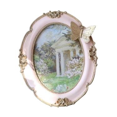 Imagem de Fenteer Moldura oval vintage para fotos, porta-retratos de resina, porta-cartões de mesa, para pendurar na parede ou para mesa, para Natal, escritório e ano, Rosa