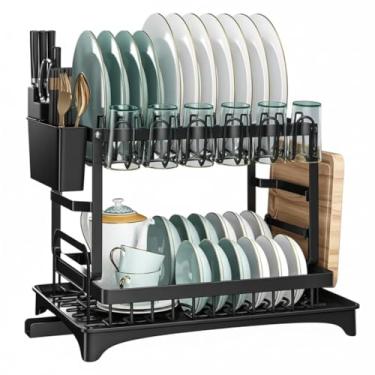 Imagem de Escorredor de Louça 2 Andares em Aço Inox, Organizador de Pia com Suporte para Talheres, Copos, Tábuas e Bandeja de Drenagem (Preto).