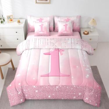 Imagem de Feelyou Conjunto de edredom com laço rosa com 7 peças, solteiro, número 1, para crianças, meninos, meninas, princesa, glitter, em uma bolsa, para decoração de quarto de aniversário, microfibra leve e