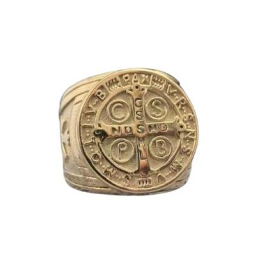 Imagem de Anel Masculino Dourado Medalha de São Bento  Aço Resistente, Design Re