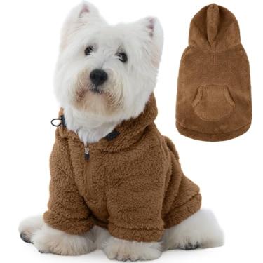 Imagem de IDOMIK Suéter Fuzzy Dog com capuz ajustável, moletom com capuz de lã quente com orifício e bolso, pulôver para cães pequenos, moletom com capuz felpudo para outono, inverno, Natal, marrom, PP