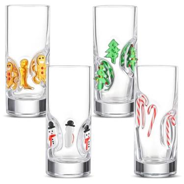 Imagem de SiliFine Conjunto de 4 peças de copos de dose de tequila com ícones de Natal - copo de vidro de dose de tequila com base pesada para festas, bar, restaurante ou decoração de férias
