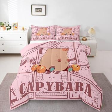 Imagem de Conjunto de edredom solteiro com desenho kawaii, estampa de animais selvagens, tema natural, castor fofo, roedor, para crianças, meninas, meninos, estampa de animais roedores, rosa