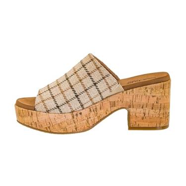 Imagem de Corkys Footwear Sandália de salto totalmente Buggin – com um salto de 8 cm e plataforma de 2,5 cm, salto grosso, conforto sem cadarço, palmilha de EVA e uma elegante sola de ráfia, Xadrez camelo, 38