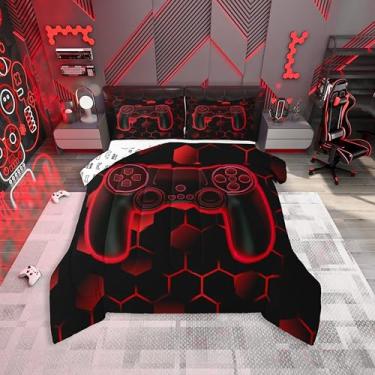 Imagem de Feelyou Jogo de cama macio para meninos e meninas, conjunto de edredom de gamepad vermelho, tamanho casal, gamepad, edredom de microfibra, controle de jogo, decoração de quarto, 3 peças com 2 fronhas