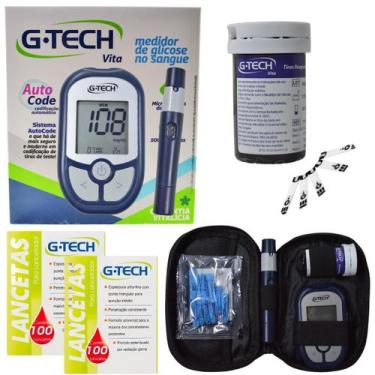Imagem de Kit Medidor Glicose Gtech 10 Tiras Fitas Monitor Glicemia 200 Lancetas