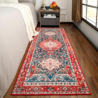 Imagem de Comeet Tapete de corredor de área lavável - Tapete de cozinha antiderrapante 2x6 tapete de corredor, tapete vintage de lã sintética de cabeceira tapete de piso de pelo baixo para lavanderia quarto sala de estar, entrada, vermelho atualizado