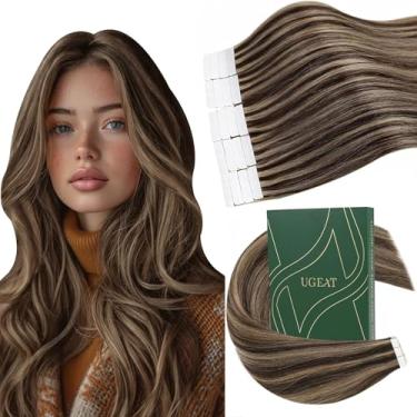 Imagem de Ugeat Extensões de cabelo humano com fita adesiva marrom marrom escuro com loiro caramelo remy real liso liso longo adicionar comprimento para casamento 50 cm 20 peças 50 g