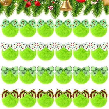 Imagem de Norme Pacote com 24 bolas de Natal felpudas, verde-limão, com laço, 10,16 cm de pelo sintético macio, pompom, enfeites para decoração de árvore de Natal, decoração de parede de lareira e lareira