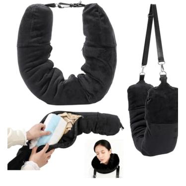 Imagem de Travesseiro de viagem de 10 L para bagagem extra, bolsa de armazenamento de veludo para pescoço de viagem com tamanho de pescoço ajustável, serve para cerca de 6 camisetas, Preto, 7" x 31"