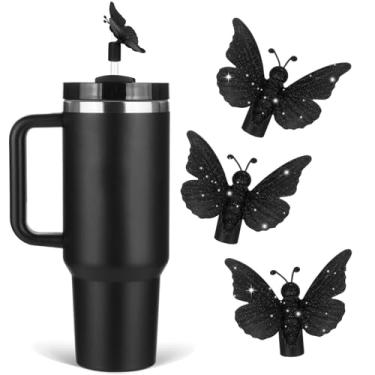 Imagem de Oddyami Cobertura de palha de borboleta preta para Stanley Cup, topo de palha de silicone com glitter para copo com alça 30/1,134 g, tampa de canudos fofos de 10 mm/0,4 pol, tampas de canudos para