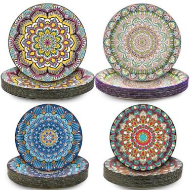 Imagem de EggSun 100 peças de pratos de papel boho 18 cm e 23 cm, pratos de jantar descartáveis boêmios vintage para reuniões de aniversário, lembrancinhas de feriado, suprimentos de festa de chá de bebê, 50