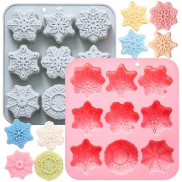Imagem de Pacote com 2 moldes de sabão de floco de neve de Natal, 9 cavidades, silicone profundo, fondant, chocolate, doces, forma de bolo, biscoitos, pudim, geleia, muffin, cubos de gelo, banheira, bomba