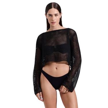 Imagem de Gottex Blusa cropped de crochê Luma Net - gola canoa, mangas compridas, mangas largas, caimento curto, tamanho único, Preto, tamanho nico