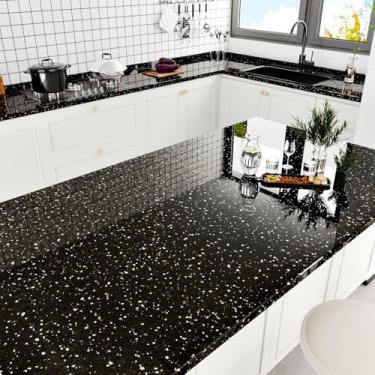 Imagem de Skyblur Papel de contato de granito preto papel de contato de mármore removível vinil papel de parede de mármore preto descascar e colar à prova d'água bancadas escuras para armários de cozinha forros