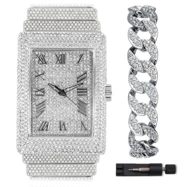 Imagem de ICEDTAG Relógio masculino com mostrador retangular com diamante dourado e prata e gelo, conjunto de pulseiras de celebridades hip hop de luxo Cuban Link, Ouro branco (relógio e pulseira), Large, traje
