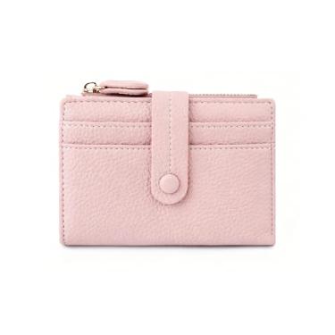Imagem de Carteira feminina pequena, dobrável, de couro com bloqueio de RFID, porta-moedas com janela para identidade e porta-cartão de crédito, rosa, liso