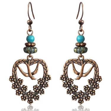 Imagem de unixmoment Brincos femininos vintage boêmios com pingente de flor de cobre com pingente de pássaro, coração, turquesa, contas, Large, Cobre, Sem pedra preciosa