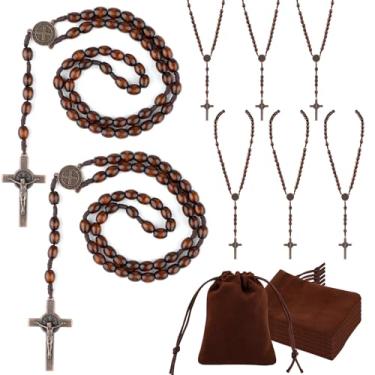 Imagem de Ethanberg Colar de rosário de contas de madeira, rosário católico, contas esculpidas em madeira com cruz de Jesus, rosários de madeira, colar a granel com bolsas de organza para lembrancinhas de