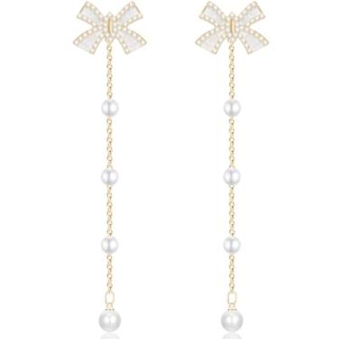 Imagem de unixmoment Brincos femininos com pingente de franja longa com nó de pérola delicada e borla brilhante, Large, Metal, Sem pedra preciosa