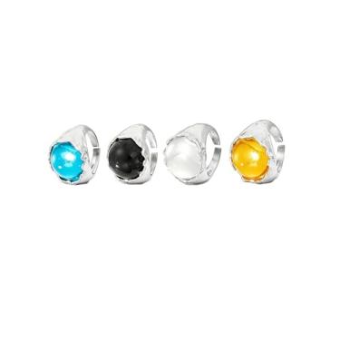 Imagem de 4 peças de anel de pedra preciosa multicolorida para mulheres anel de cristal redondo colorido grande laranja preto branco azul anel joia moderna, Metal, Sem pedra preciosa